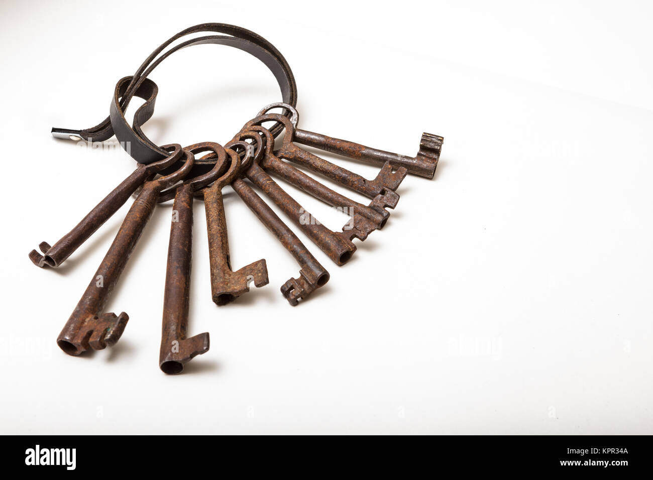 Nine keys on leather strap. isolated on white , with copy space Stock