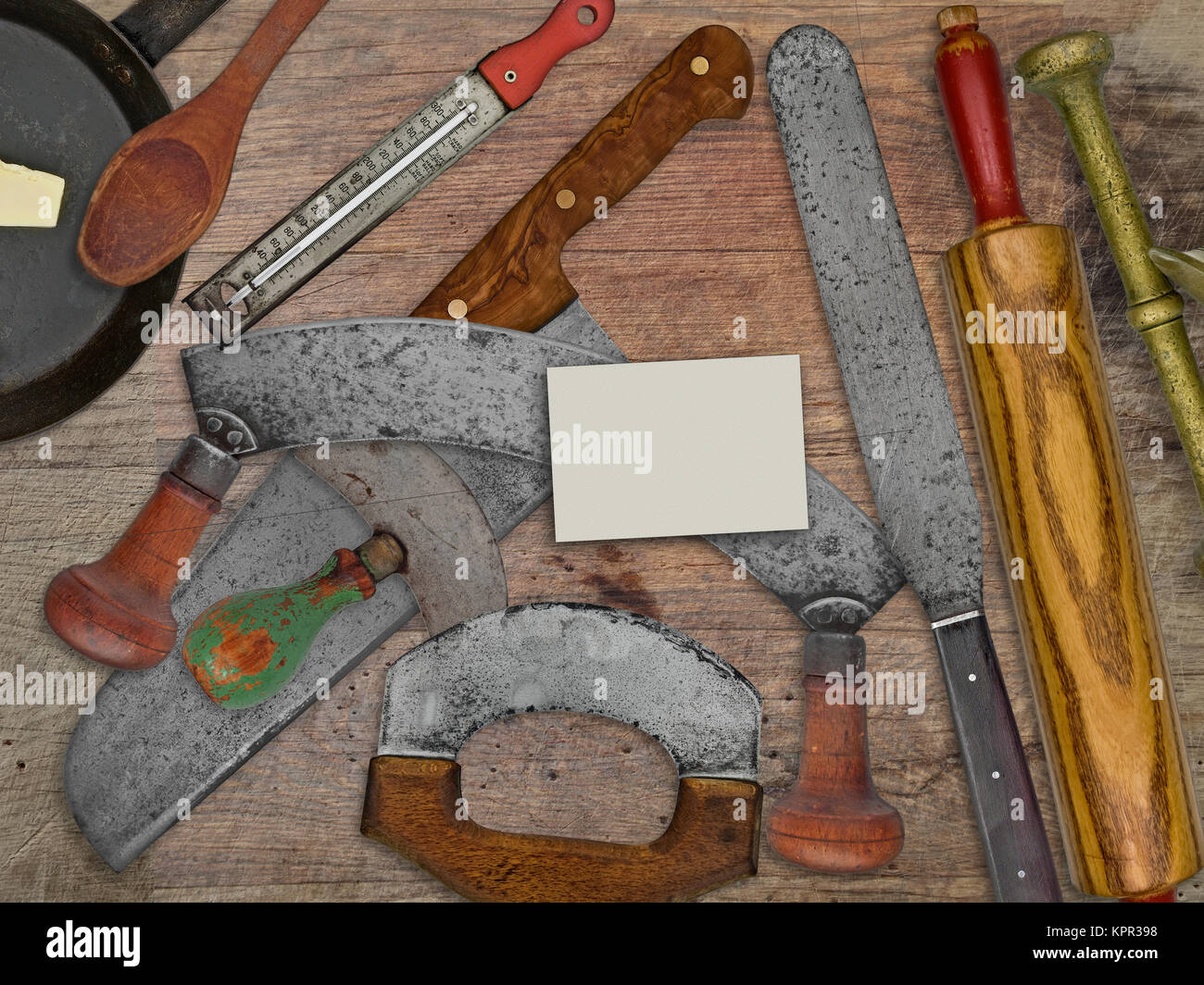 vintage bakery shop utensils over wooden table Stock Photo Alamy