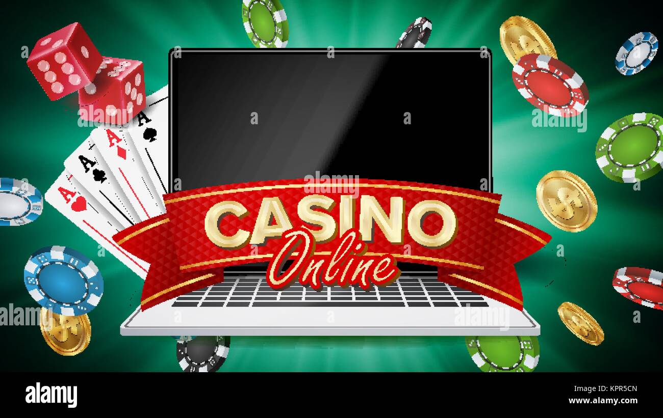 Online Casino Banner Vector. Realistic Laptop. Gambling Casino Banner Sign.  Explosion Chips, Playing Dice. Illustration Stock Vector Image & Art - Alamy