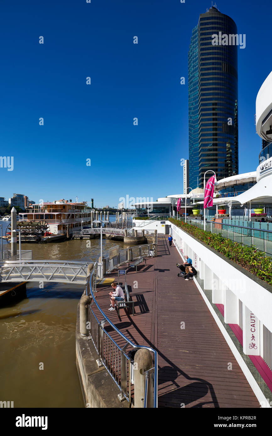 Modern highrise buildings at Eagle Street Pier beside river in Brisbane CBD Queensland