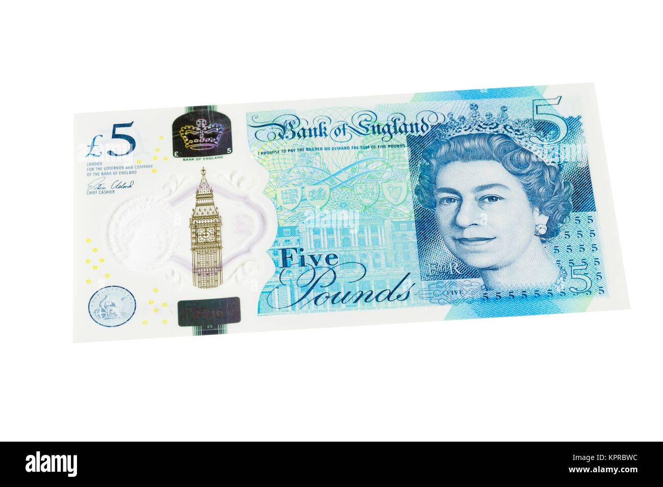 English five pound note on a white background Stock Photo