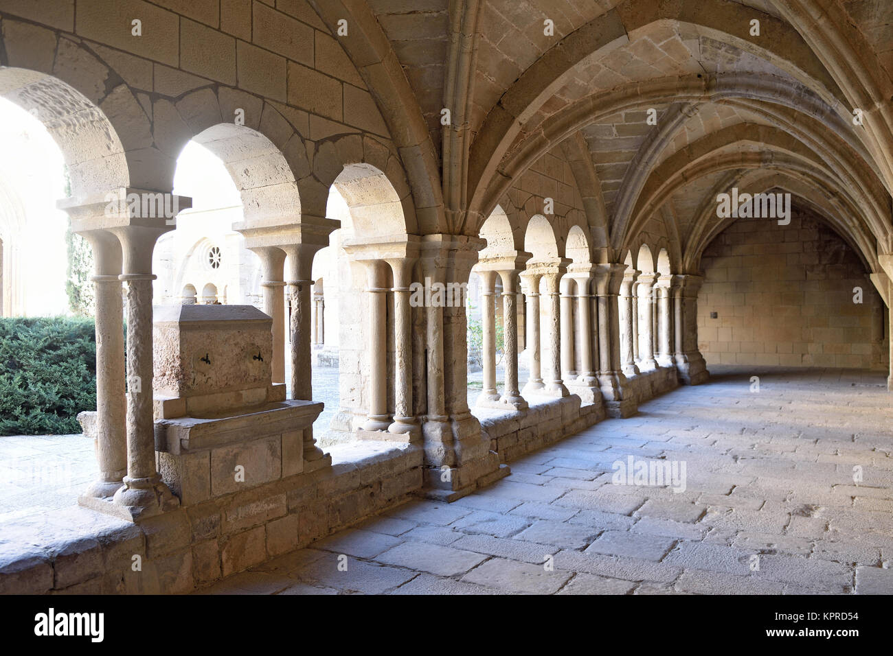 Cloister of the monastery of Vallbona de les Monges, Lleida province, Catalonia, Spain Stock Photo