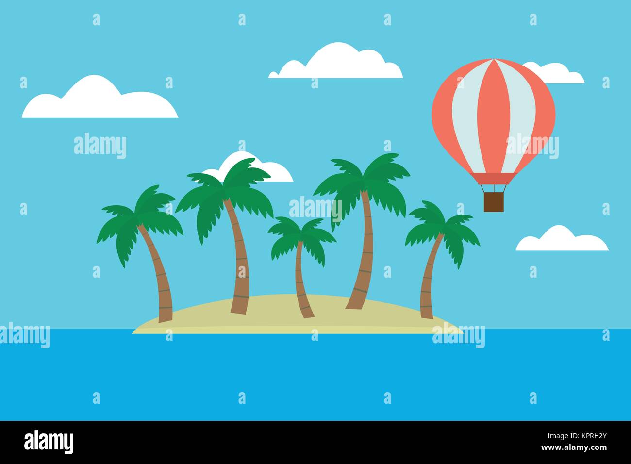 Cartoon vector illustration of tropical island with palm trees and hot air balloon flying between clouds on blue sky - suitable for advertising Stock Vector