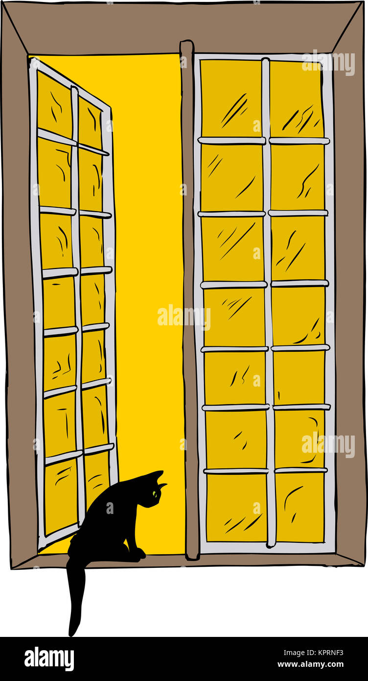 Open window with cat looking out Stock Photo - Alamy