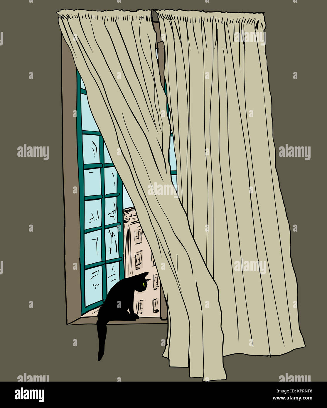 Sketch of drapes blowing in wind in front of open casement window and black  cat looking at downtown Stockholm in background Stock Photo - Alamy