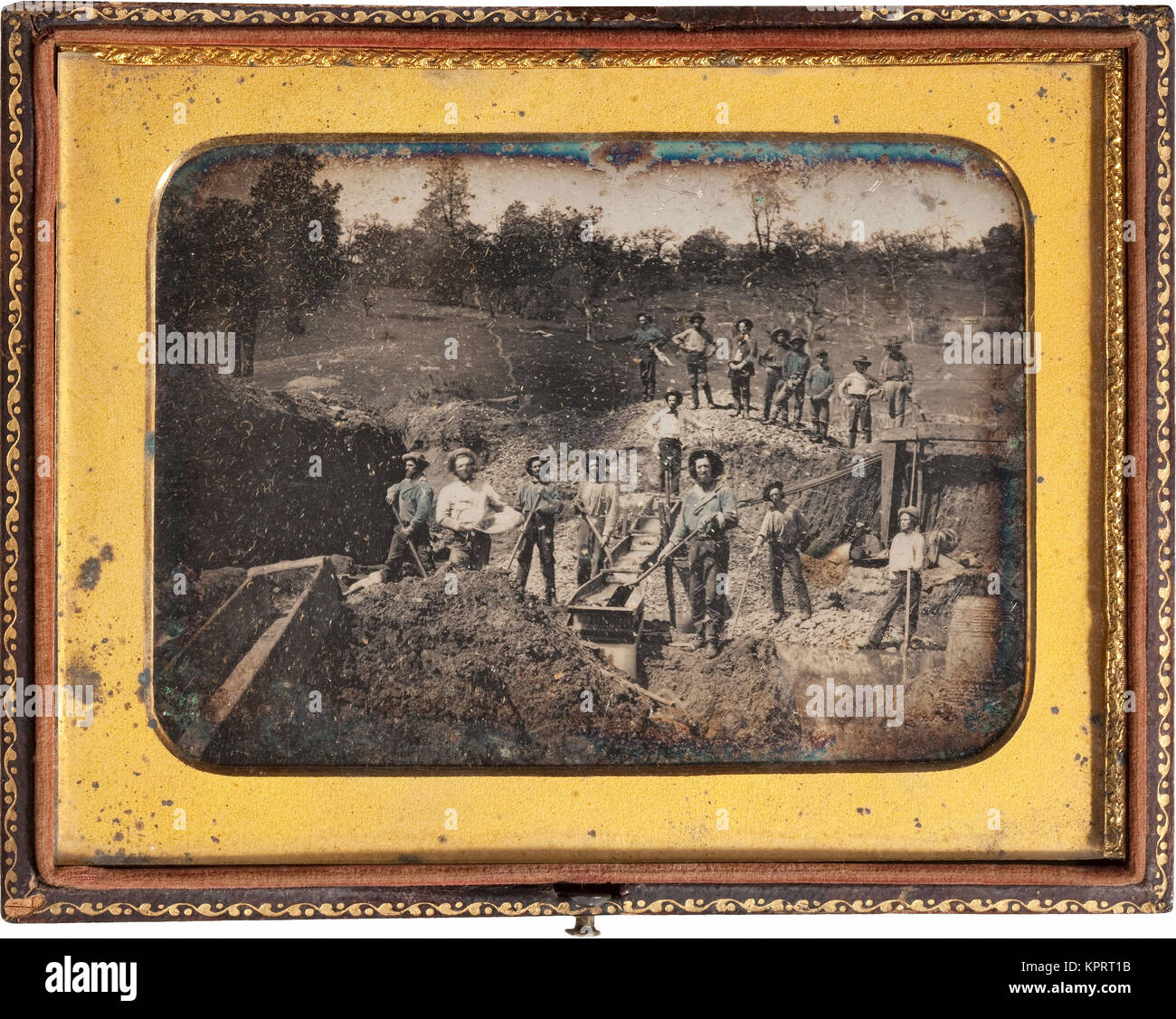 Gold Mining Scene Some Use Shovels And Pans Working Sluice Boxes Stock