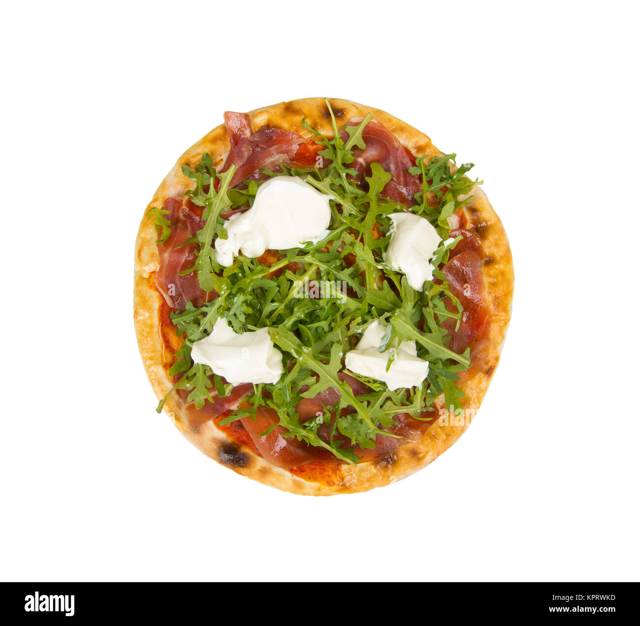 Pizza with arugula, tenderloin, tomato and mayonnaise. Isolated Stock Photo