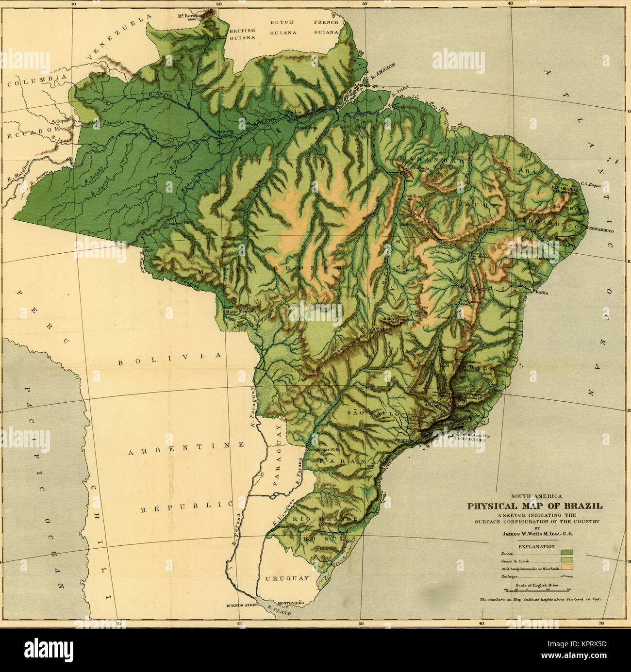 Physical Map of Brazil, the Amazon & Its tributaries-1886 Stock Photo