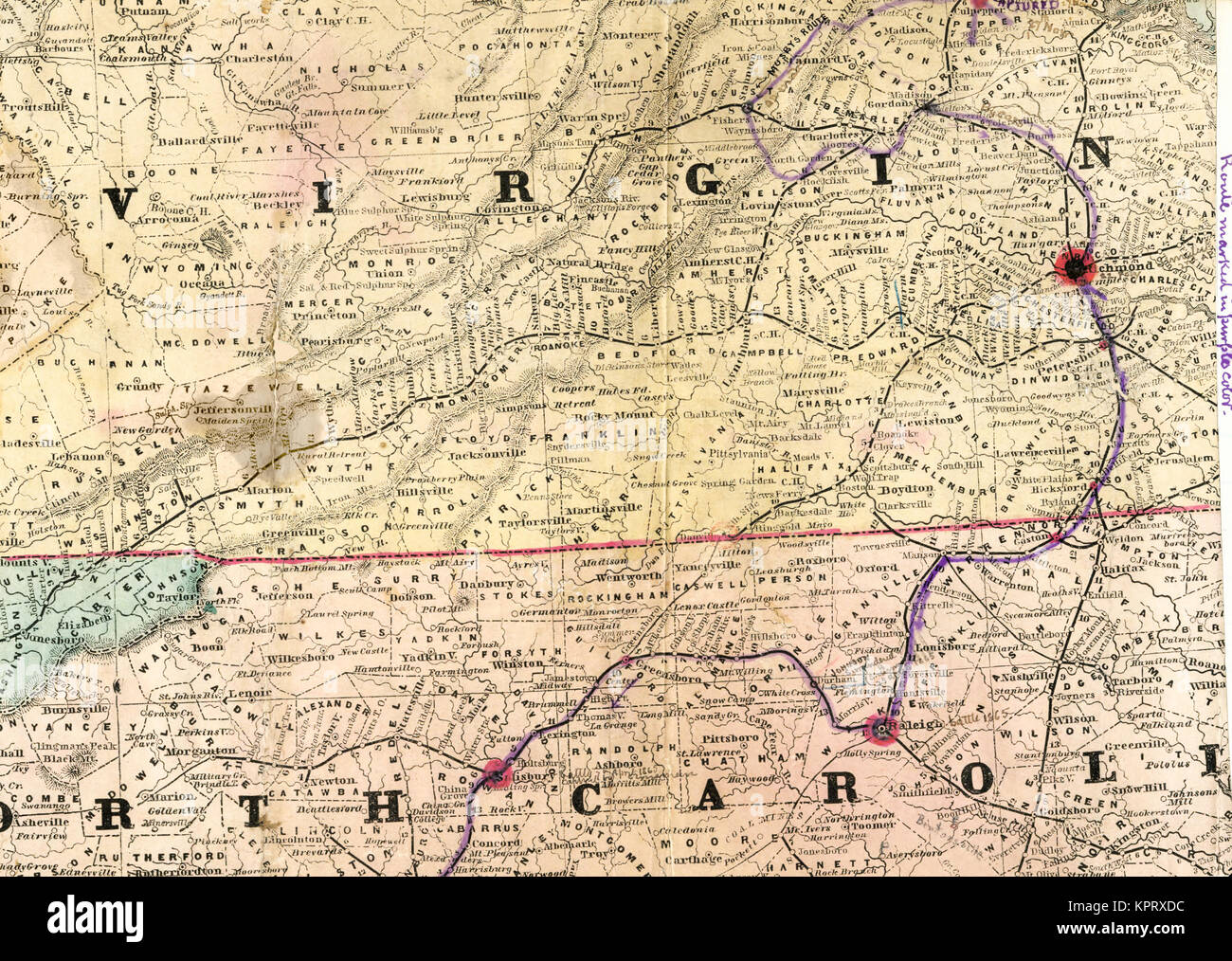 Map of Mosby's route through Virginia and North Carolina Stock Photo