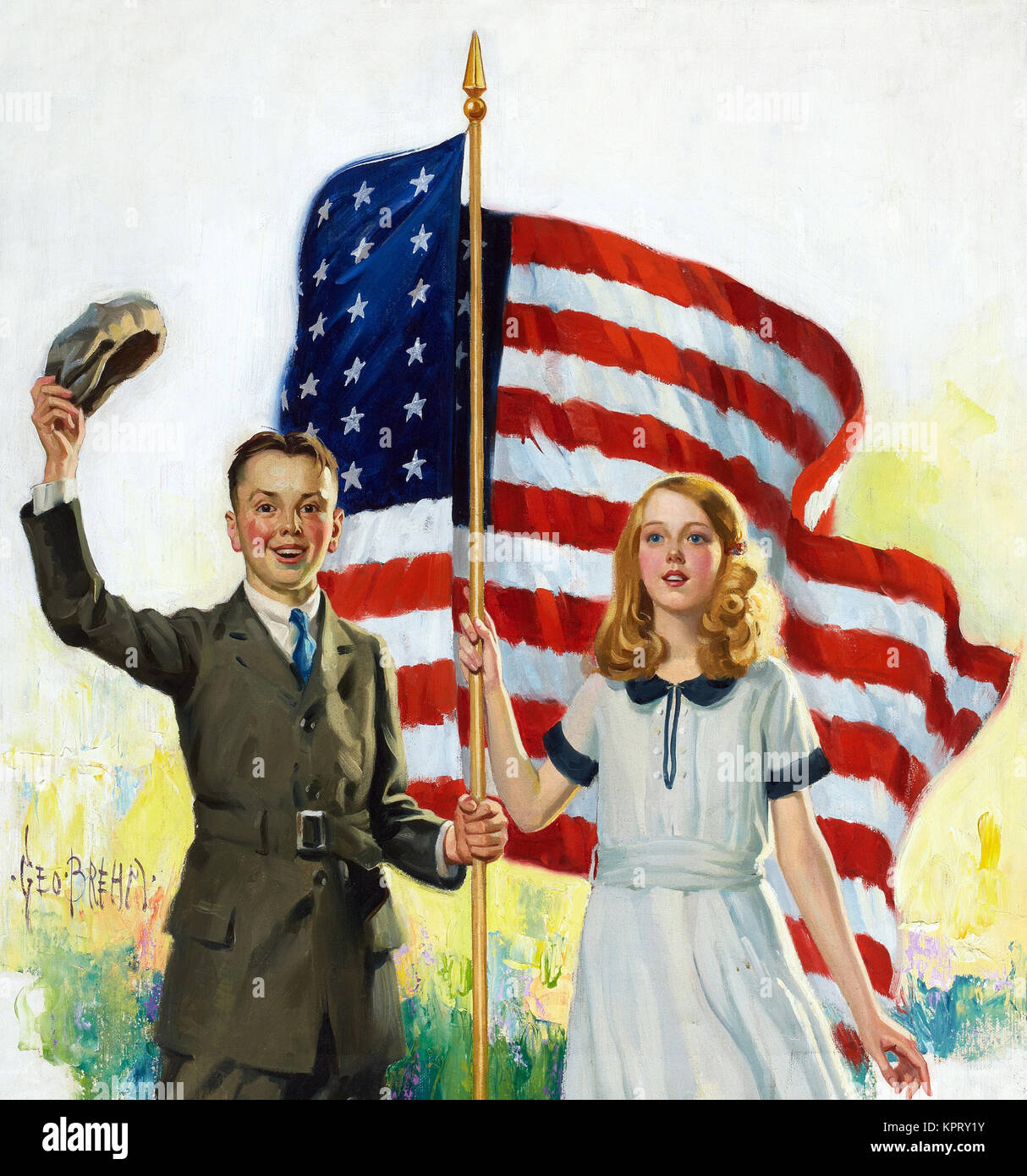 Boy and Girl with American Flag Stock Photo - Alamy