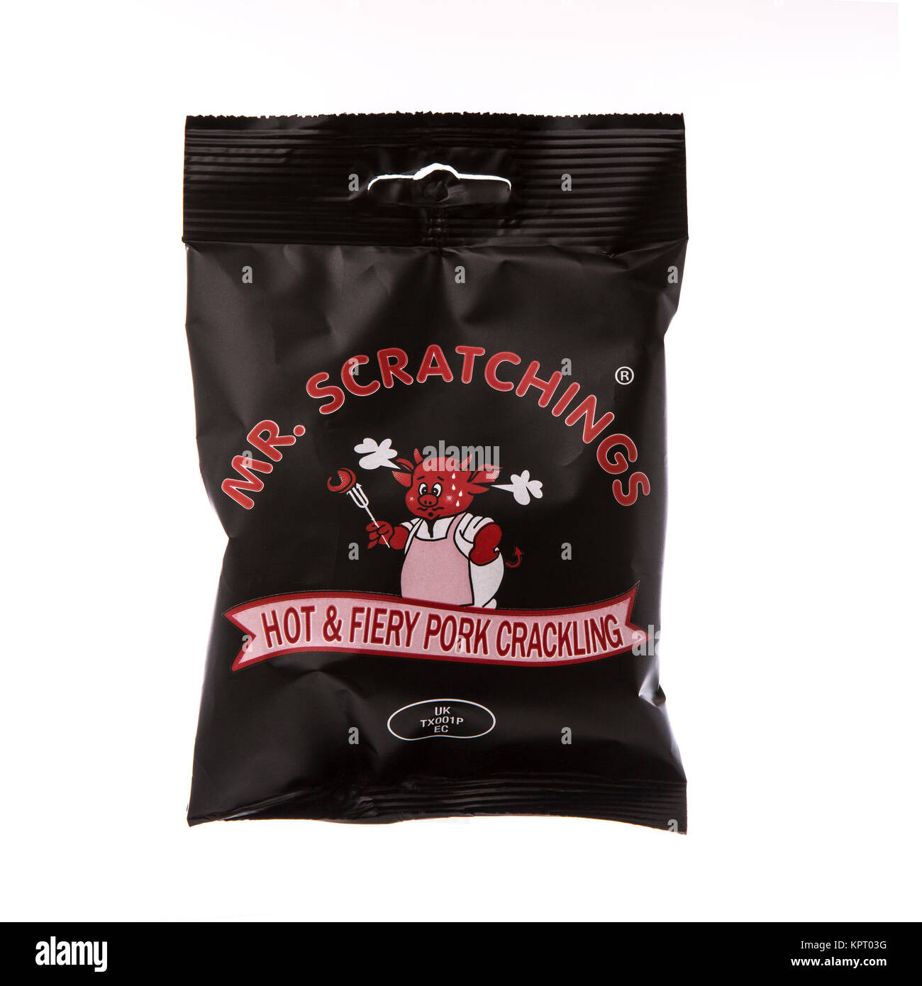 SWINDON, UK - DECEMBER 16, 2017: Packet of Mr Scratchings Hot and Fiery Pork Crackling on a white background. Stock Photo