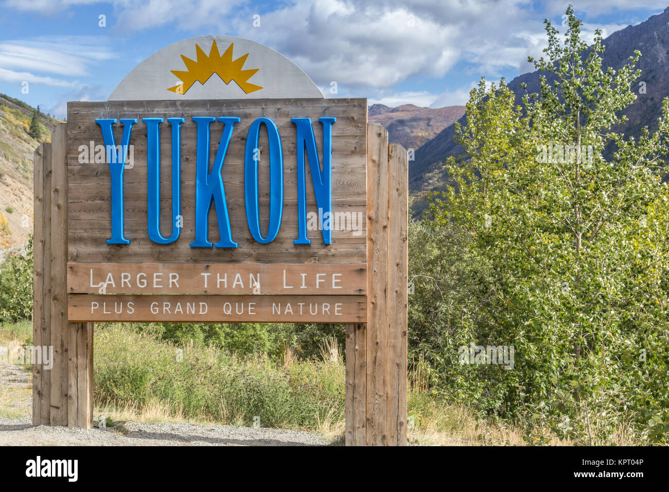 Yukon sign on the Klondike Highway entering Yukon Territories from British Columbia in Canada Stock Photo
