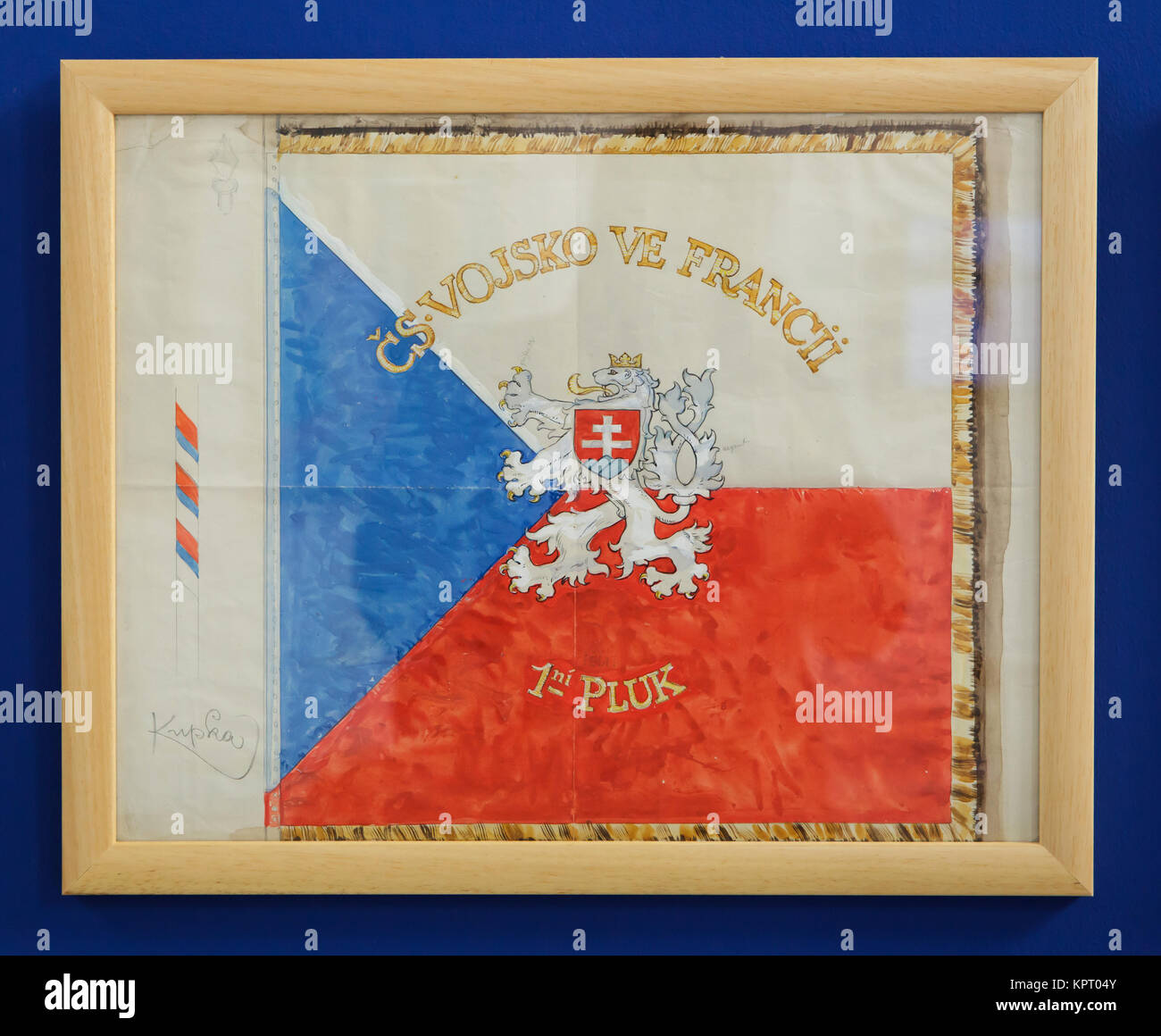 Flag design of the 1st Regiment of the Czechoslovak Army in France (1918-1919) by Czech modernist painter František Kupka on display in the South Bohemian Gallery (Alšova jihočeská galerie) in Hluboká nad Vltavou in South Bohemia, Czech Republic. Stock Photo