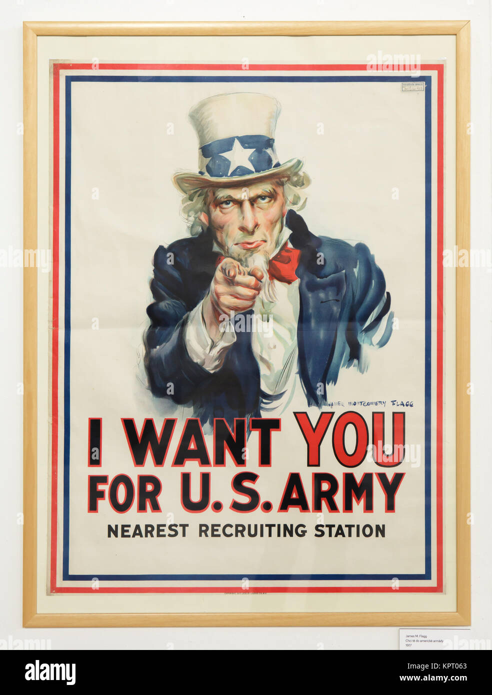I Want You for US Army. Recruitment poster by American illustrator James Montgomery Flagg (1917) on display at the poster exhibition in the South Bohemian Gallery (Alšova jihočeská galerie) in Hluboká nad Vltavou in South Bohemia, Czech Republic. The exhibition devoted to the posters of the time of the First World War runs till 1 October 2017. Stock Photo