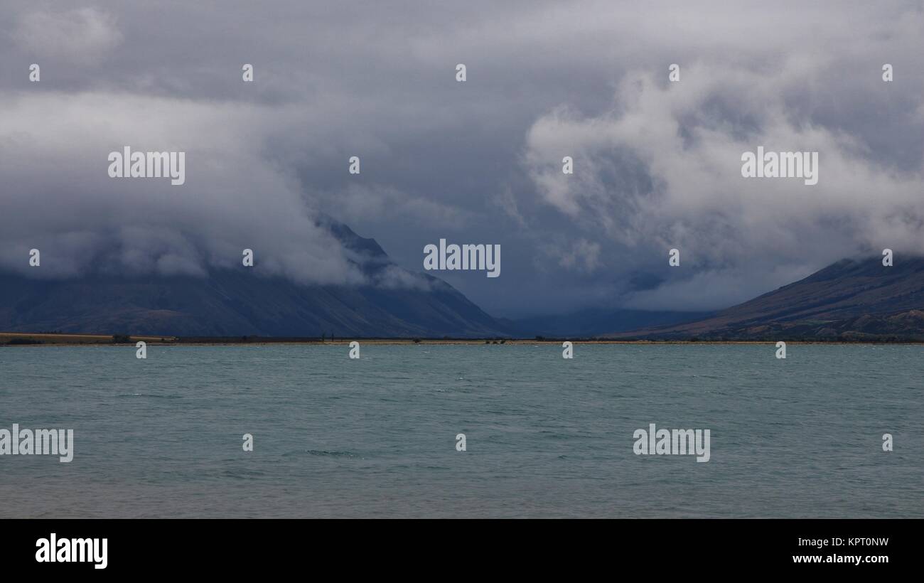 Rainy day in New Zealand. Summer scene at Lake Ohau, South Island Stock ...