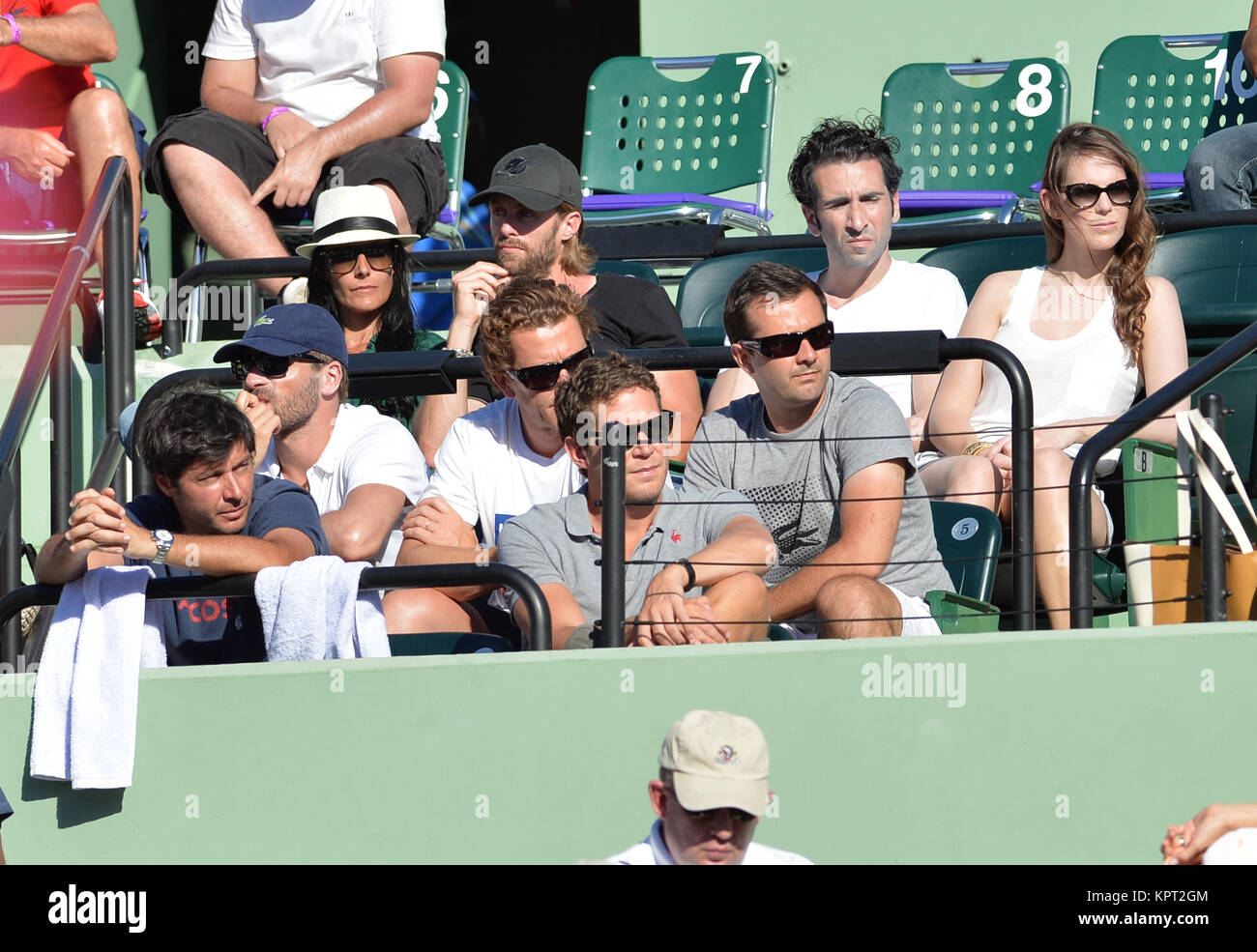 KEY BISCAYNE, FL - MARCH 25: Roger Federer of Switzerland defeats Richard Gasquet of France during their fourth round match during day 9 at the Sony Open at Crandon Park Tennis Center on March 25, 2014 in Key Biscayne, Florida  People:  Richard Gasquet Box Stock Photo