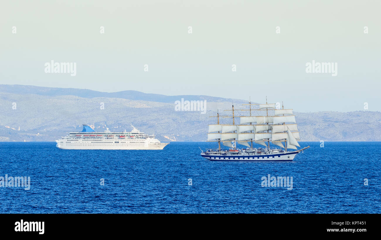 passenger ship windjammer with sailing the high seas Stock Photo