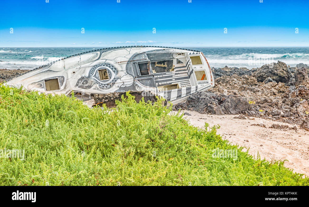 old sailing bott (yacht) wreck at the Caleta del Mojon blanco in Lanzarote (Canary Islands) Stock Photo