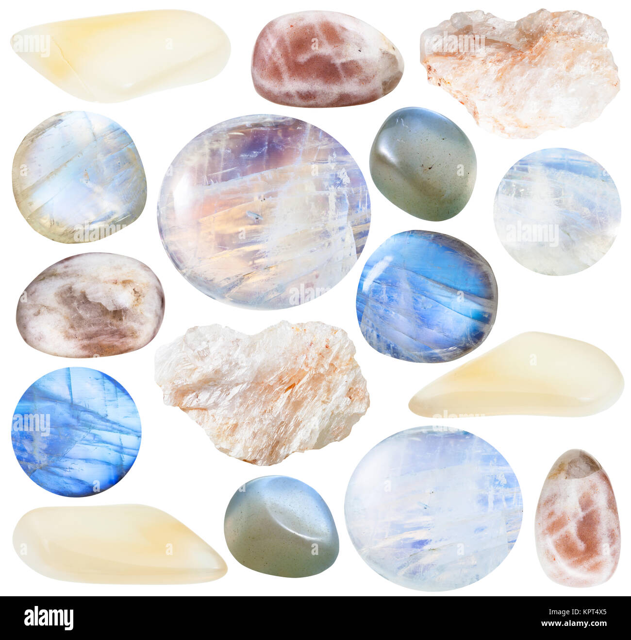 set of various moonstone (adularia) natural mineral stones and gemstones isolated on white background Stock Photo