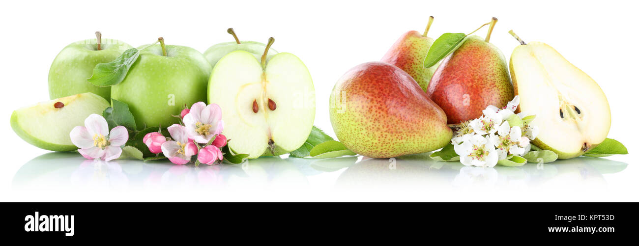 Apfel und Birne Äpfel Birnen Frucht Früchte Obst geschnitten Freisteller freigestellt isoliert vor einem weissen Hintergrund Stock Photo