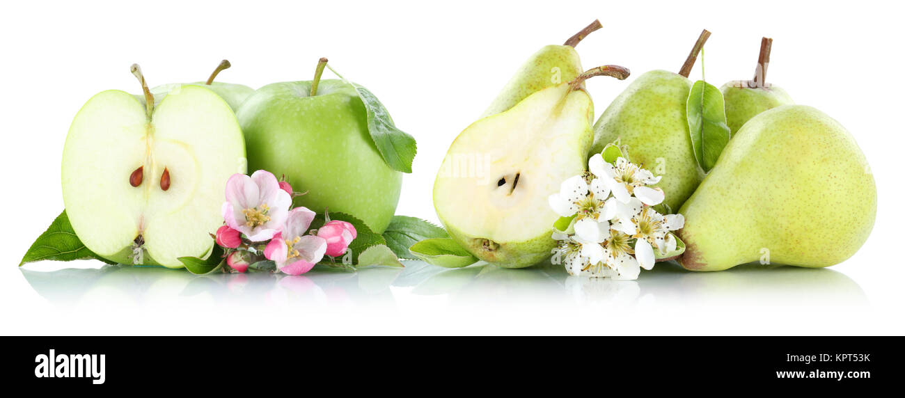 Apfel und Birne Äpfel Birnen Frucht Früchte Obst grün Freisteller freigestellt isoliert vor einem weissen Hintergrund Stock Photo