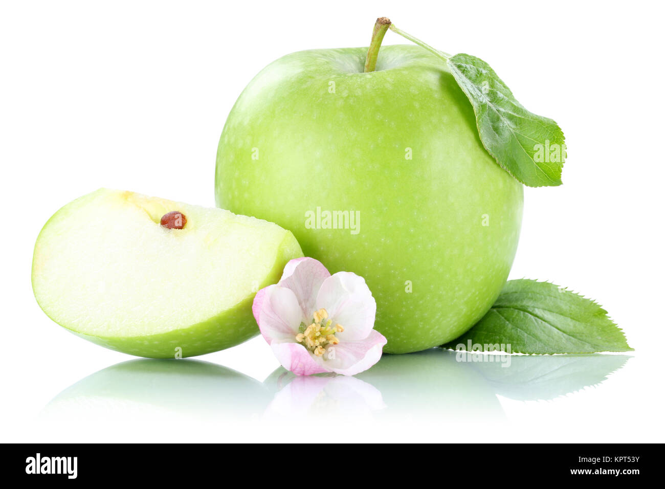 Apfel Frucht Obst grün geschnitten Freisteller freigestellt isoliert vor einem weissen Hintergrund Stock Photo