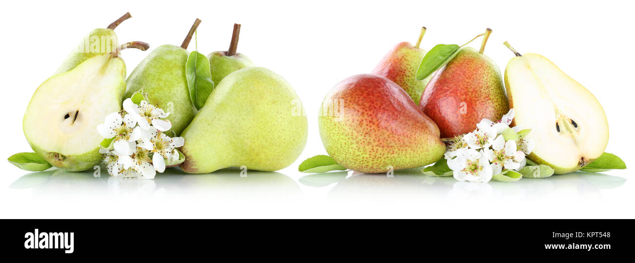 Sammlung Birnen Birne geschnitten frische Früchte Obst Freisteller freigestellt isoliert vor einem weissen Hintergrund Stock Photo