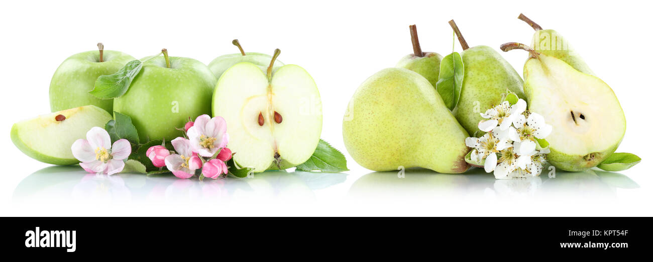 Apfel und Birne Äpfel Birnen Frucht Früchte Obst grün geschnitten Freisteller freigestellt isoliert vor einem weissen Hintergrund Stock Photo
