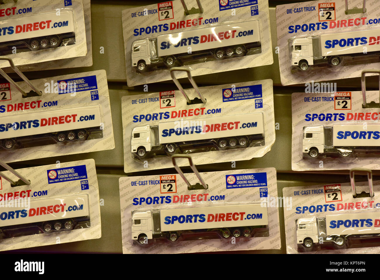 Sports direct transporter lorries as toys for sale in a high street