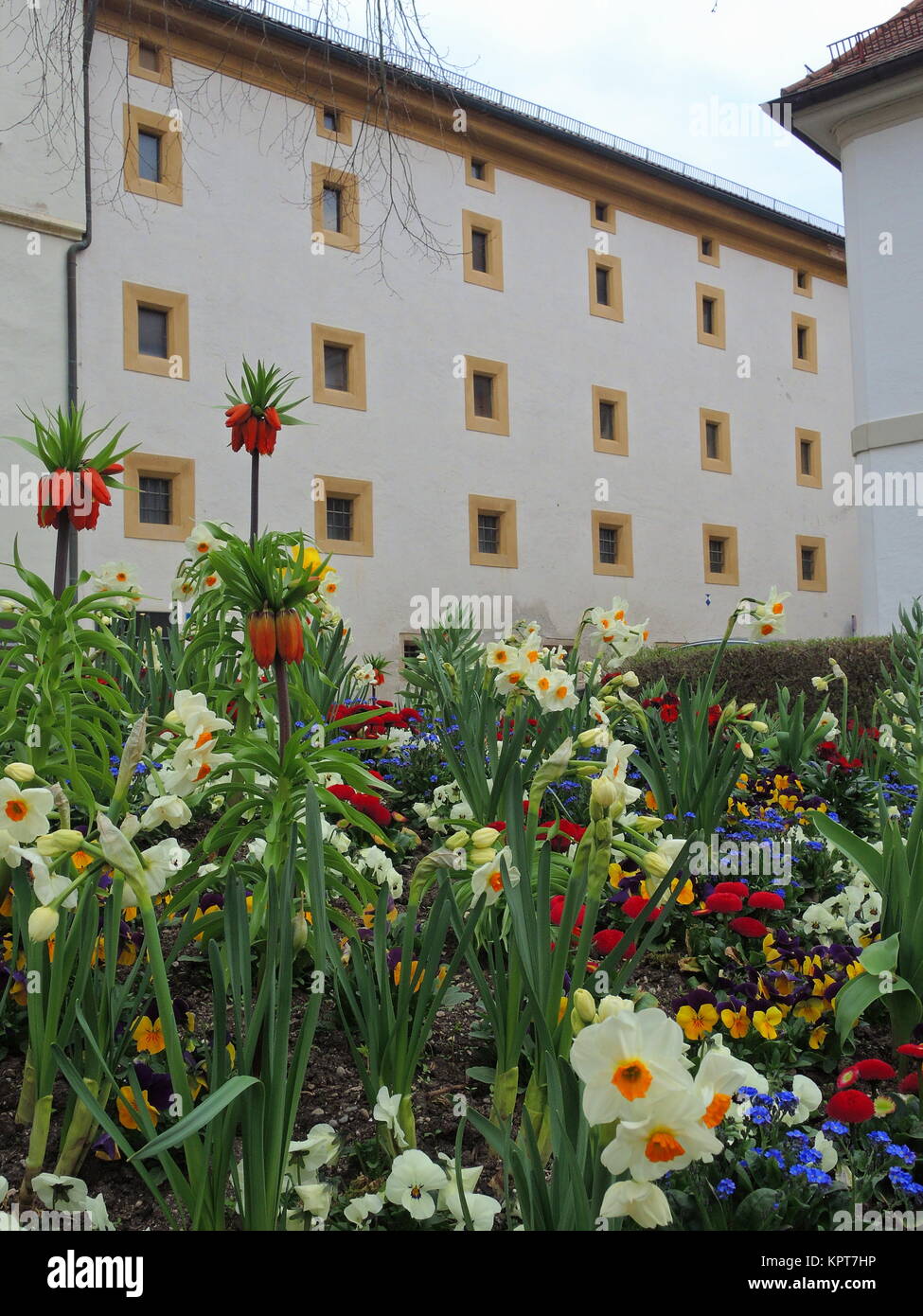 Variety of flowers in front of old houses Stock Photo