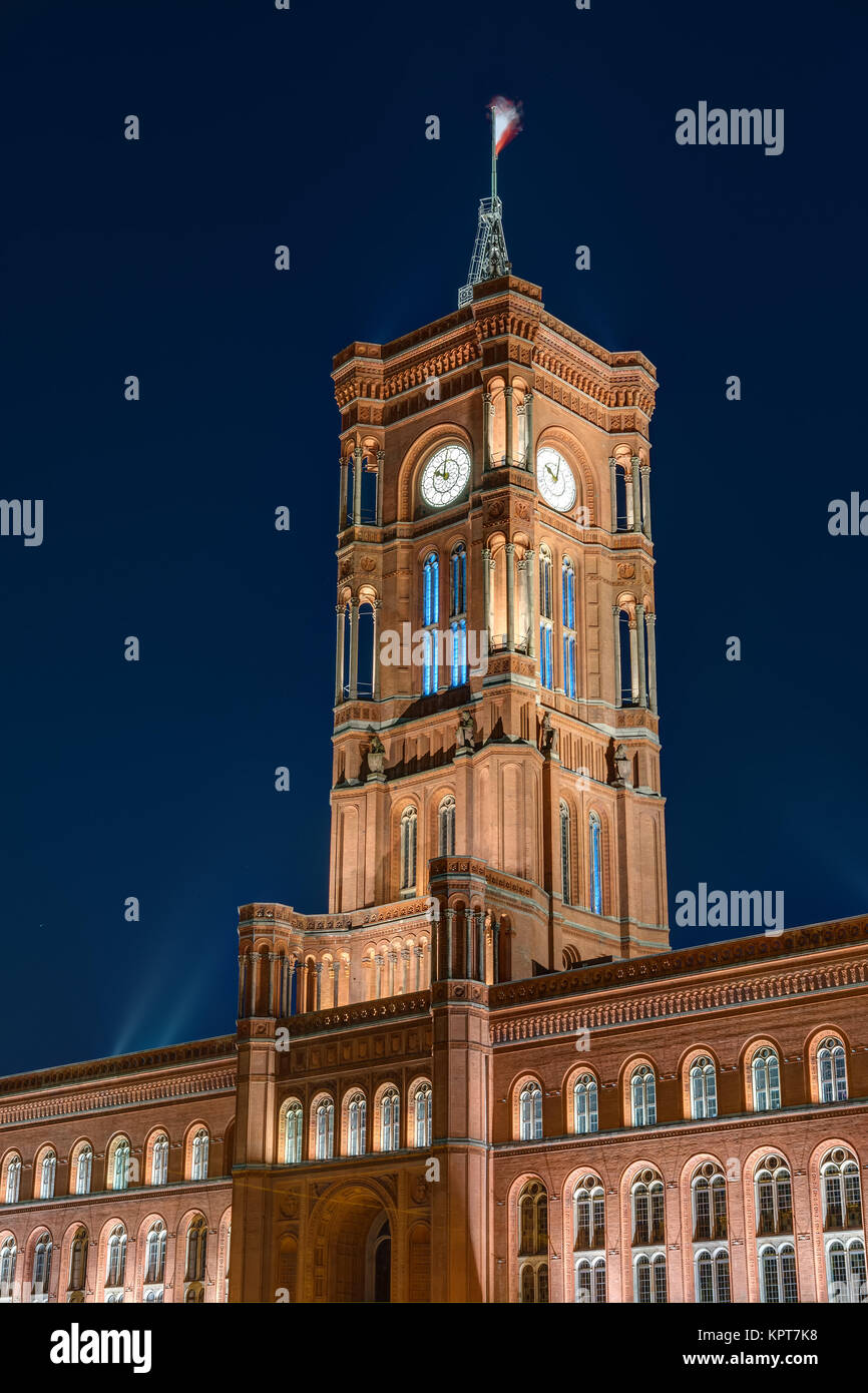 the tower of the berlin red town hall at night Stock Photo