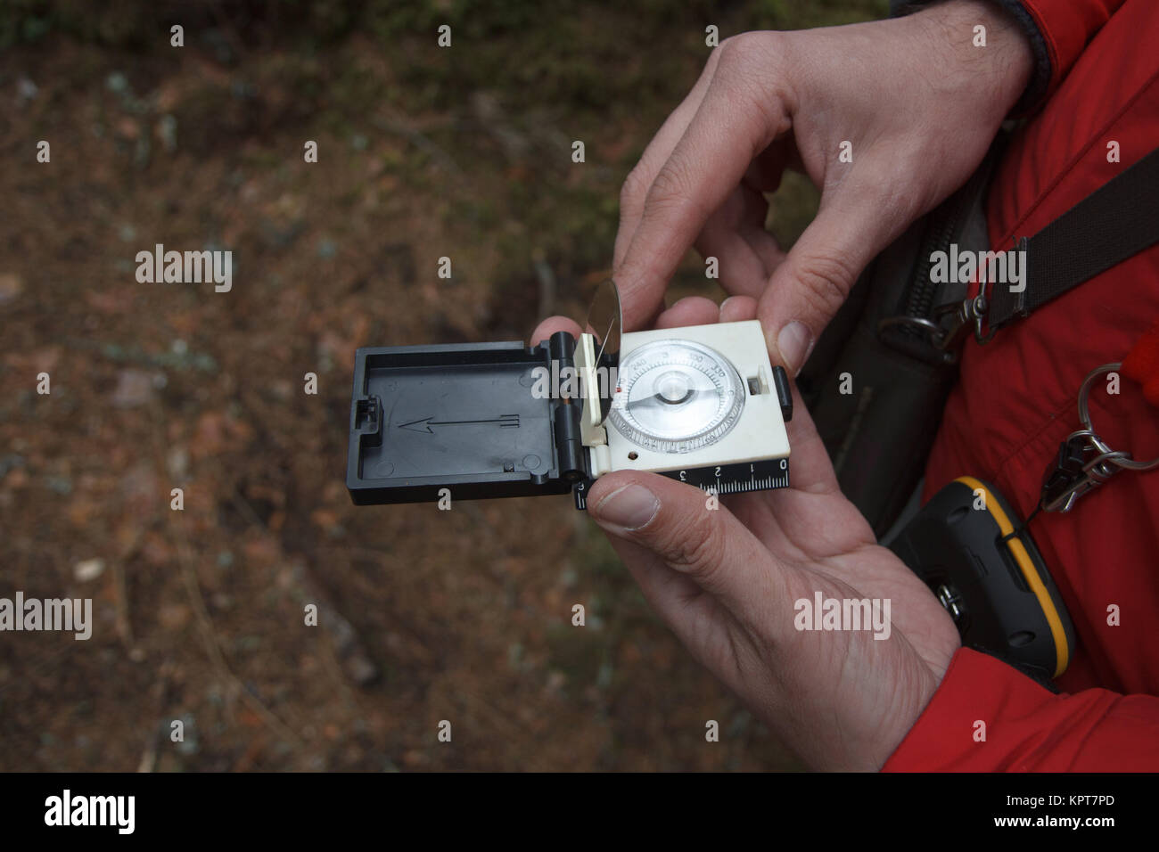 A man using a compass in a forest Stock Photo - Alamy