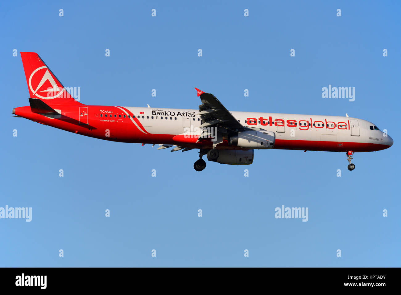 AtlasGlobal Atlas Global Airbus airliner jet plane TC-AGI landing at London Stansted Airport in blue sky Stock Photo