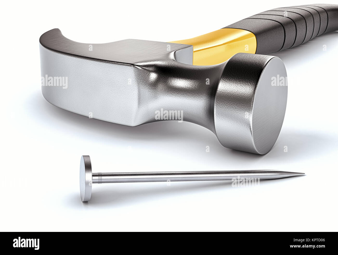 close-up view of a hammer with a steel nail on white background (3d ...