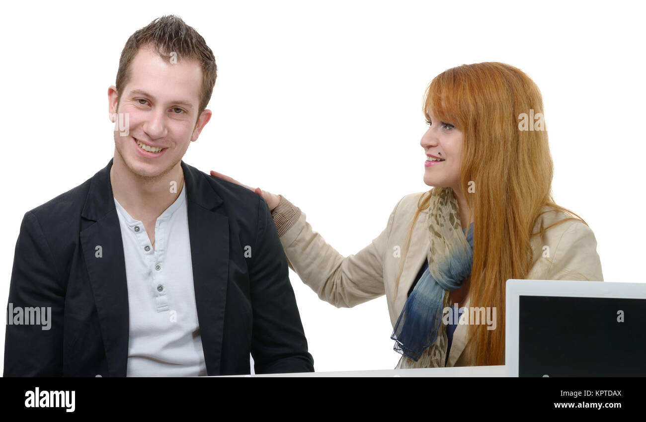 Portrait of happy young couple isolated on white background Stock Photo ...