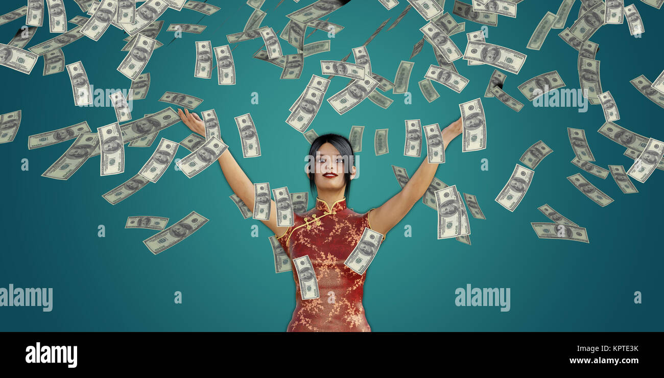 Asian Woman Catching Money Falling From the Sky in US Dollars Stock Photo