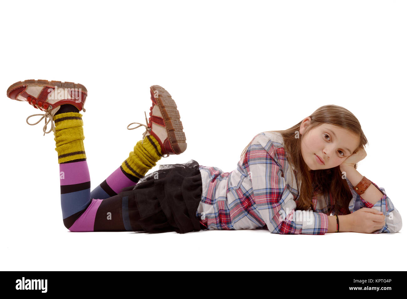 smiling little girl lying on the floor isolated on white Stock Photo ...