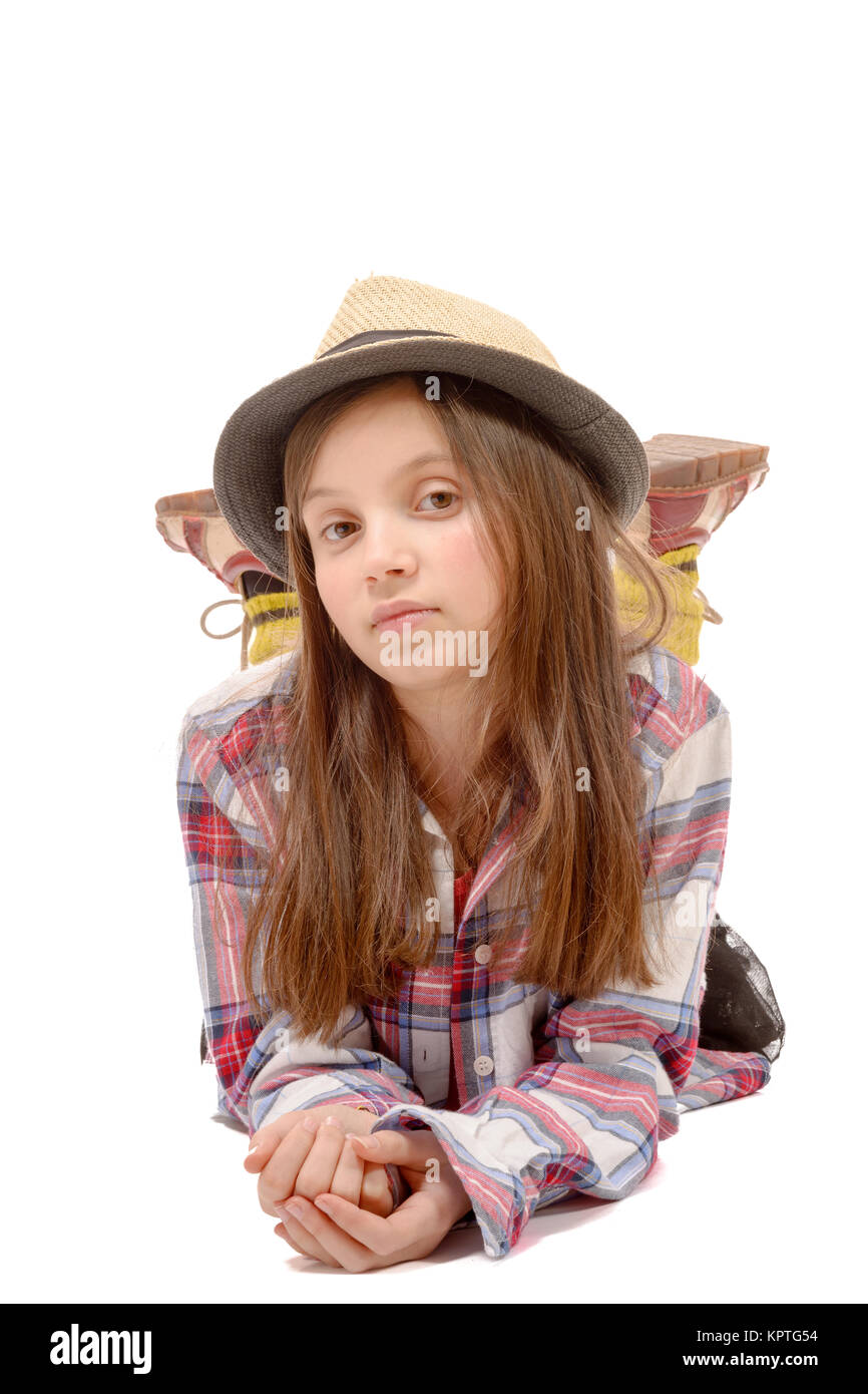smiling little girl lying on the floor isolated on white Stock Photo ...