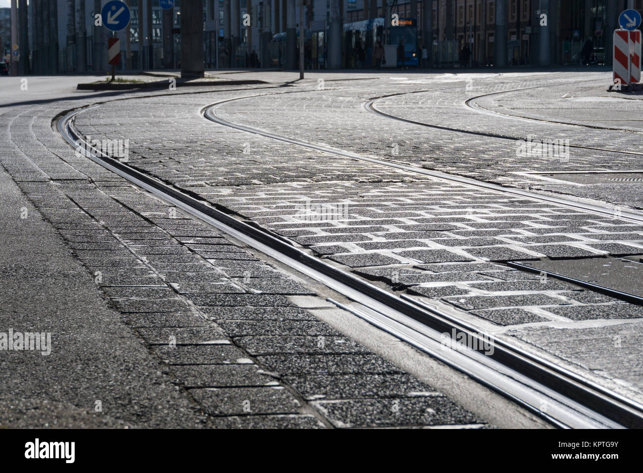Street Car Rails streetcar rails with cobbles - ground-up Stock Photo - Alamy