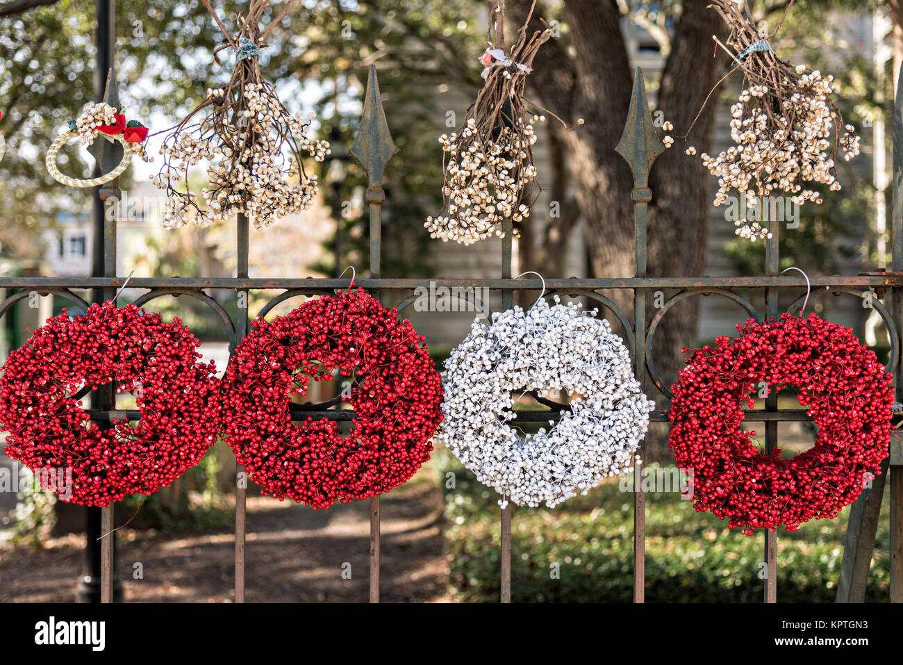 Traditional popcorn berry Christmas wreaths made by Gullah basket weavers on sale along Meeting Street in Charleston, SC. Stock Photo