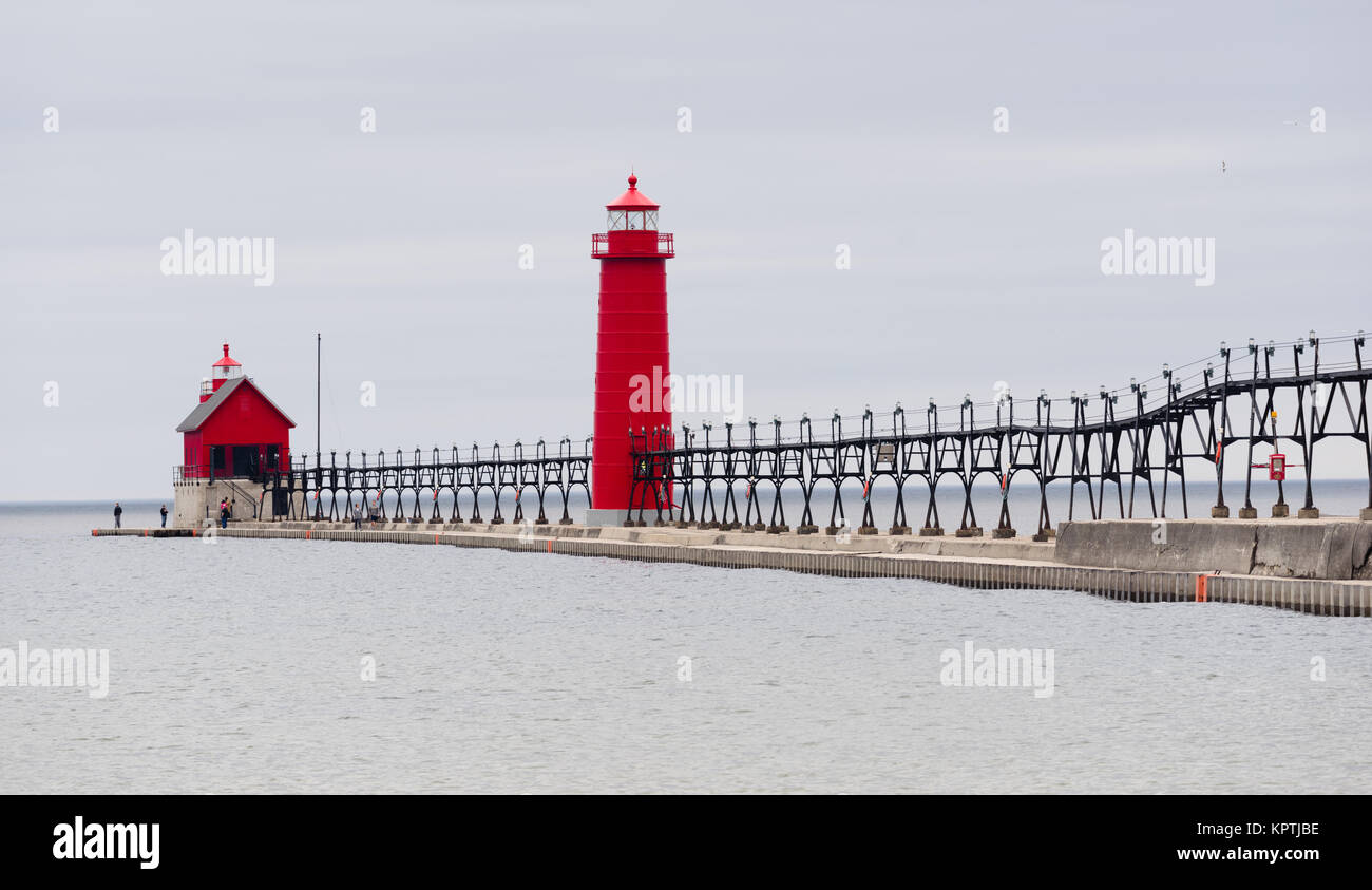 Dual Lighthouses Grand Haven Nautical Markers Lake Michigan Stock Photo