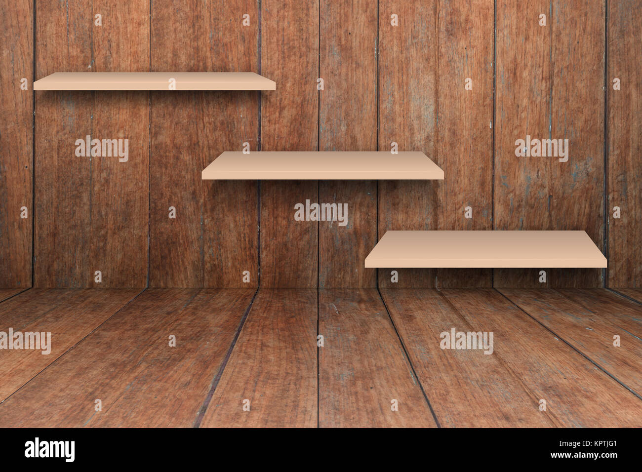 Three brown shelves on wooden interior texture background Stock Photo