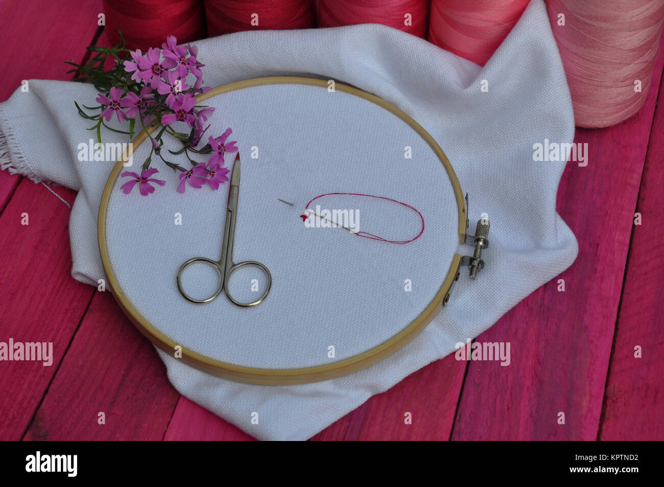 Embroidery And Cross Stitch Accessories On Pink Background Flat Lay Stock  Photo - Download Image Now - iStock