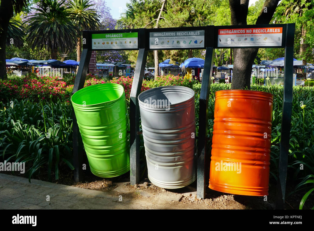 Recycling cans in Spanish language, Chapultepec Park, Mexico City, DF, Mexico Stock Photo Alamy
