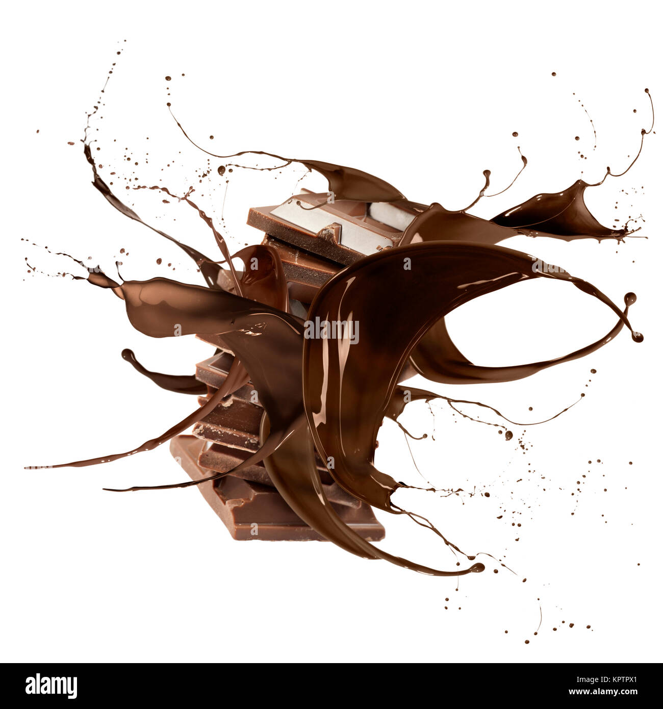 liquid splash chocolate around stack of chocolate blocks, isolated on