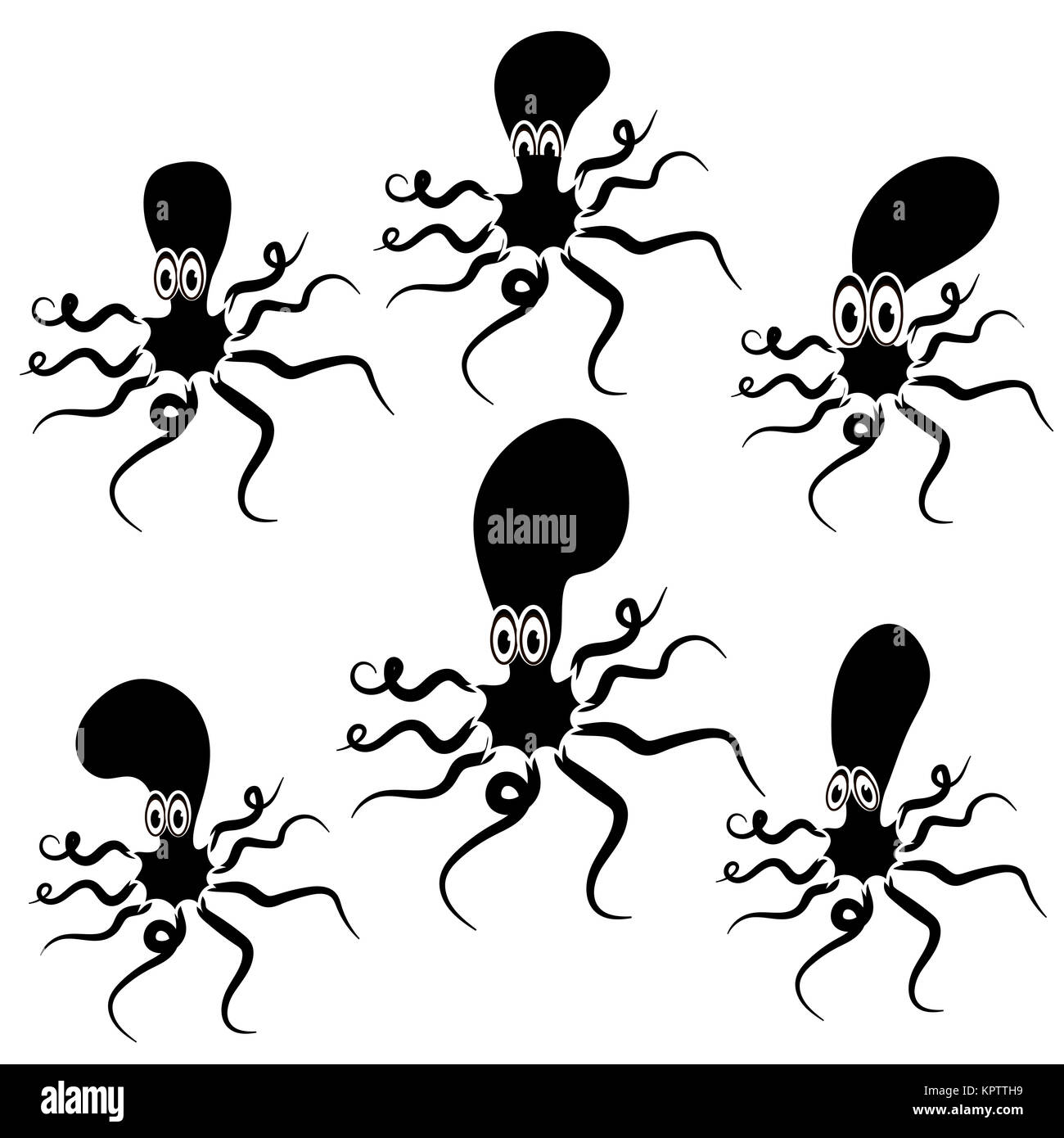Set of Cartoon Octopus Silhouettes. Isolated on White Background. Sea