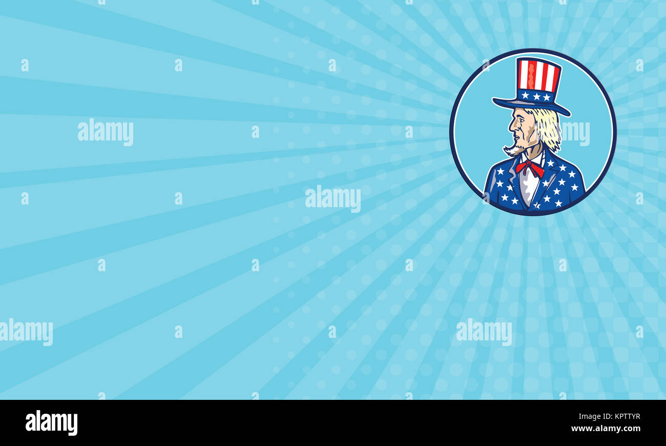 Business card showing illustration of Uncle Sam wearing hat with stars and stripes American flag viewed from side set inside circle on isolated background done in cartoon style. Stock Photo