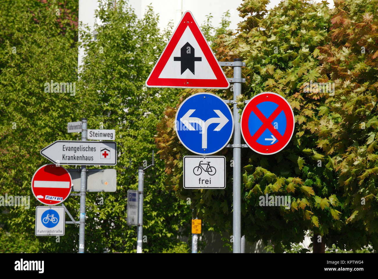 Signposting forest, many different traffic signs in a residential area, Oldenburg in Oldenburg, Lower Saxony, Germany Stock Photo