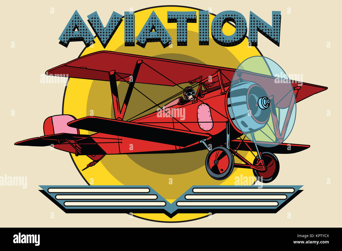 Retro two-winged plane aviation poster Stock Photo