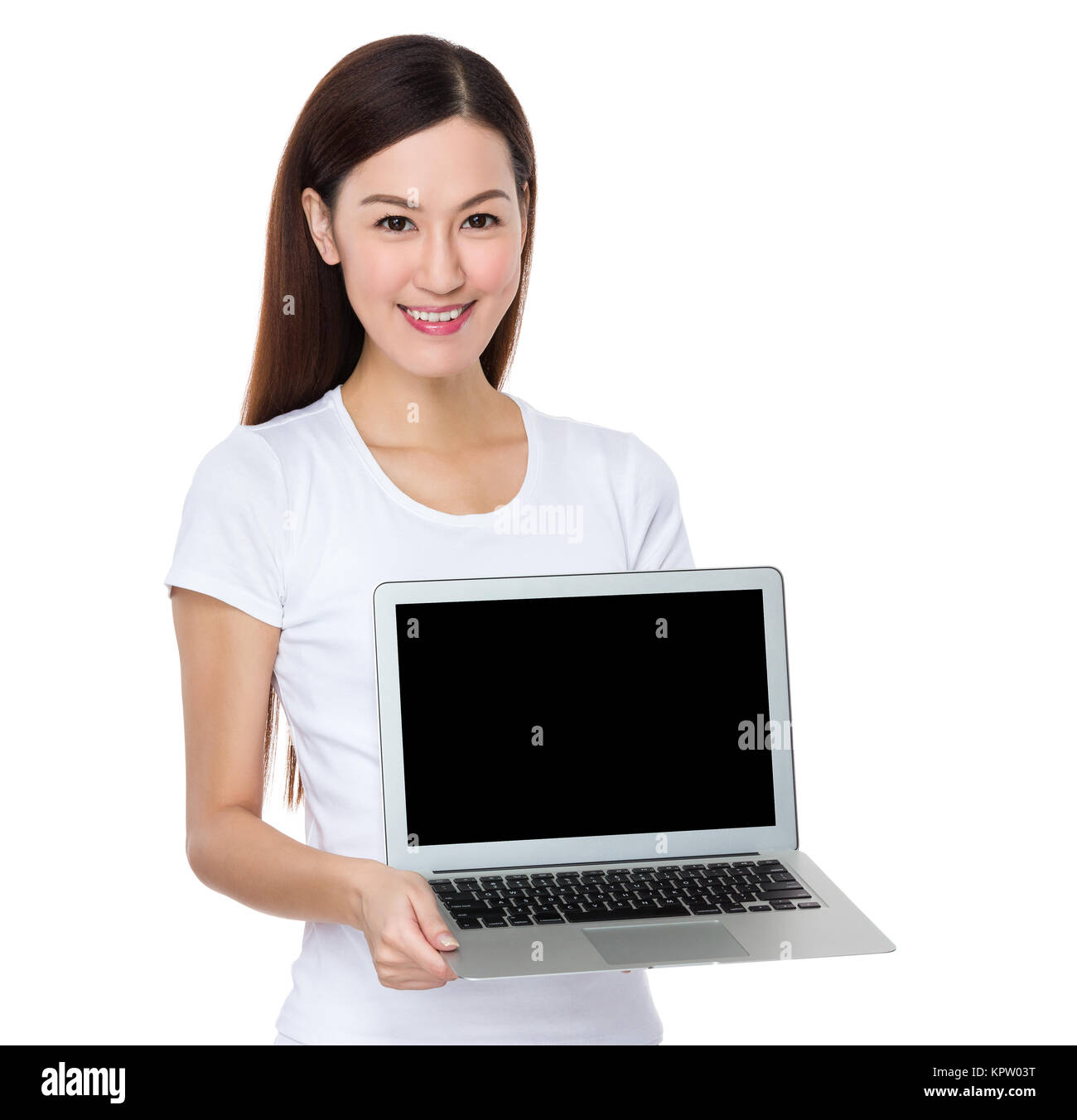 Asian Woman show with the blank screen of laptop computer Stock Photo